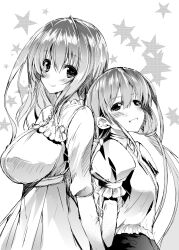  2girls bad_id bad_pixiv_id blush breasts dress futaba_anzu greyscale highres idolmaster idolmaster_cinderella_girls large_breasts long_hair monochrome multiple_girls noto_kurumi saionji_kotoka smile twintails 