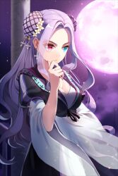  arm_up blue_eyes breasts cleavage double_bun dress earrings female flower full_moon gilse hair_bun hair_ornament heterochromia jewelry light_purple_hair long_hair lowres luna_flina medium_breasts moon outdoors parted_bangs photoshop_(medium) red_eyes solo sword_girls 