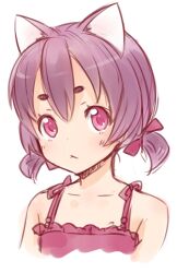  :&lt; animal_ears bow cat_ears commentary_request female ha-ru hairbow original photoshop_(medium) pink_eyes portrait purple_hair short_eyebrows short_twintails solo tank_top twintails 