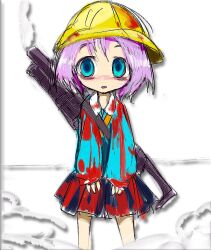  bad_id blood blood_splatter blue_eyes blush gun hat hiiragi_tsukasa lucky_star miniskirt purple_hair short_hair short_skirt skirt smoke sne solo weapon yandere young younger 