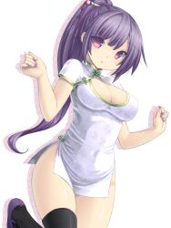  :o black_hair black_thighhighs breasts china_dress chinese_clothes cleavage cleavage_cutout clothing_cutout commentary_request dress female hair_ornament hands light_purple_hair long_hair looking_at_viewer microdress nail_polish no_panties open_mouth original partial_commentary pink_eyes ponytail purple_hair short_sleeves simple_background small_breasts solo thighhighs thighs tsukumiya_amane 