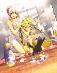  3girls animal bad_link barefoot bath_stool bathroom bathtub blonde_hair breasts bubble cleavage coppe_(eiyuu_densetsu) dutch_angle eiyuu_densetsu elie_macdowell feline grey_hair highres kea_(eiyuu_densetsu) light_green_hair medium_breasts mirror multiple_girls naked_towel photoshop_(medium) same-sex_bathing shampoo shared_bathing shower_head stool tio_plato towel white_hair yellow_eyes zero_no_kiseki 