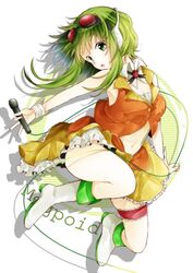  bad_id bad_pixiv_id boots bridal_garter female goggles goggles_on_head green_eyes green_hair gumi headphones looking_at_viewer microphone navel noki_(potekoro) red-tinted_eyewear short_hair skirt smile solo thighs tinted_eyewear vocaloid 