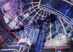  blue_eyes blush brown_hair commentary_request female highres ladder looking_away looking_up night observatory observatory_dome original remosse512 short_hair sitting solo star_(sky) stargazing stepladder telescope 