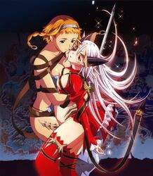  2girls absurdres aldra_(queen&#039;s_blade) artist_request bad_id belt_bra blonde_hair blue_eyes braid breasts cleavage exiled_warrior_leina eyepatch hairband highres large_breasts leina_(queen&#039;s_blade) long_hair map multiple_girls queen&#039;s_blade queen_aldra red_eyes short_hair side_braid silver_hair sword thighhighs twin_braids weapon yuri 