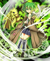  absurdres blush collarbone commentary_request dragon duel_monster female green_eyes green_hair hair_ornament highres jacket long_hair looking_at_viewer open_mouth petit_dragon photoshop_(medium) ponytail ribbon skirt smile solo staff tahira_ureka wynn_(yu-gi-oh!) wynn_the_wind_charmer yu-gi-oh! 