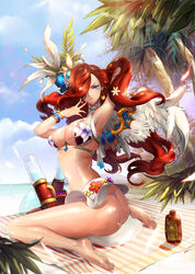  adjusting_hair armpits ass barefoot beach bikini blue_eyes breasts cleavage commentary day earrings female hair_ornament hair_over_one_eye highres jewelry large_breasts league_of_legends lotion_bottle midriff miss_fortune_(league_of_legends) nal_(nal&#039;s_pudding) navel ocean outdoors palm_tree photoshop_(medium) red_hair sitting skirt sky swimsuit towel tree wariza water wings 