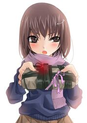  bad_id bad_nicoseiga_id blush bomb brown_eyes brown_hair c4 commentary copyright_request explosive female gift holding holding_gift koh_(minagi_kou) scarf simple_background solo valentine 