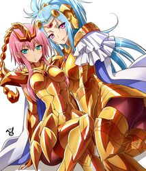  2girls arai_nobu armor ass blue_hair cape commentary_request gemini_paradox gold_armor gold_saint green_eyes long_hair looking_at_viewer mask multiple_girls pink_hair purple_eyes saint_seiya saint_seiya_omega scorpio_sonia simple_background white_background 