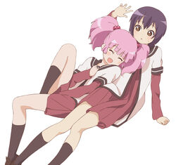  2girls :d ^_^ bad_id bad_pixiv_id black_hair black_socks closed_eyes funami_yui hair_bobbles hair_ornament kneehighs minakami_kanami multiple_girls nanamori_school_uniform open_mouth pink_hair school_uniform serafuku shoes short_hair simple_background sitting smile socks twintails white_background yoshikawa_chinatsu yuru_yuri 