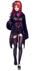  akatsuki_(naruto) black_legwear female karin_(naruto) long_hair looking_at_viewer naruto naruto_shippuuden no_glasses red_eyes red_hair short_shorts shorts smile solo standing thighhighs 