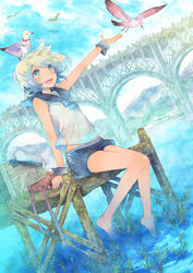  bag barefoot bird commentary day dock female green_eyes green_hair handbag highres kuroyuki legs original seagull short_hair sitting skirt sky smile solo symbol-only_commentary water 