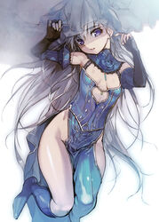  absurdres blue_flower blue_rose boots breasts bridal_gauntlets detached_sleeves earrings elbow_gloves female fingerless_gloves fingernails flower gloves grey_hair hair_spread_out highres hitsugi_no_chaika jewelry knee_boots layla_(hitsugi_no_chaika) lips lipstick long_hair makeup nail_polish namaniku_atk no_panties parted_lips pelvic_curtain photoshop_(medium) purple_eyes rose scan side_slit small_breasts solo veil very_long_hair 