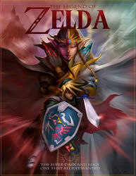  1boy blonde_hair brown_hair cover dark_persona darren_geers dual_persona fake_cover female fighting_stance greaves hair_over_one_eye hat highres link long_hair master_sword nintendo pauldrons pointy_ears princess_zelda red_eyes reddit scar shield sword the_legend_of_zelda weapon what_if 