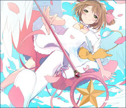  brown_hair cardcaptor_sakura cherry_blossoms choker commentary_request dress female from_below green_eyes highres hoshi_no_tsue hoshiyui_tsukino kero_(cardcaptor_sakura) kinomoto_sakura kinomoto_sakura_(platinum_star_dress) magical_girl petals pink_choker short_hair star_(symbol) star_choker twintails wand 