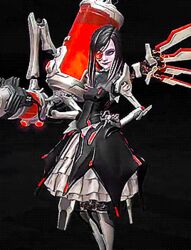  3d alien animated battleborn beatrix_(battleborn) black_hair cyborg dress female finger_on_cheek grin lolita_fashion long_hair mechanical_arm mechanical_eye mechanical_legs small_breasts smile solo wing 