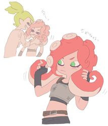  1boy akashi_(sorobochi) armor bad_id bad_twitter_id black_gloves breastplate cheek_squash female fingerless_gloves gloves green_eyes green_hair inkling inkling_boy inkling_player_character katou_(osoraku) monjiro_(sorobochi) octoling octoling_player_character red_hair short_ponytail simple_background smile splatoon_(series) splatoon_1 squidbeak_splatoon takozonesu tentacle_hair translated white_background 