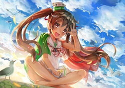  animal barefoot bird brown_eyes brown_hair clouds kantai_collection libeccio_(kancolle) long_hair qian_wu_atai twintails 