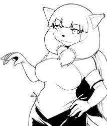  animal_ears breasts commentary_request ecaflip elbow_gloves female freckles furry furry_female gloves greyscale large_breasts miranda_(wakfu) monochrome skirt smile solo tail tsukudani_(coke-buta) twintails wakfu 