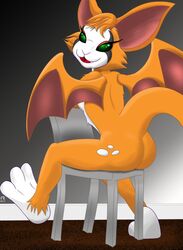  3_toes anthro ass bat butt_pose chair dust:_an_elysian_tail eyelashes fangs feet female fidget_(elysian_tail) fur furniture green_eyes looking_at_viewer looking_back mammal membrane_(anatomy) membranous_wings nimbat on_chair open_mouth open_smile orange_body orange_fur pose privatekey sitting sitting_backwards sitting_on_chair smile solo straddling_chair teeth toes wings 