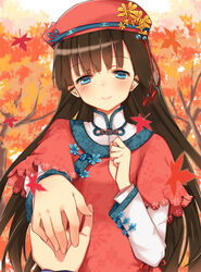  autumn black_hair blue_eyes brown_hair commentary_request dress female leaf looking_at_viewer maple_leaf maple_tree original outdoors photoshop_(medium) pov_dating reaching reaching_towards_viewer red_dress shirt short_sleeves smile tareme tree white_shirt zonana 