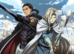  all_male armor black_hair cape daryun gloves gray_hair heroic_legend_of_arslan male narsus nyoronyoro ponytail spear sword weapon 