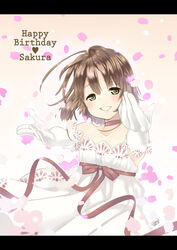  brown_eyes brown_hair cardcaptor_sakura commentary_request dress elbow_gloves female gloves green_eyes happy_birthday highres kashiwagi_sumika kinomoto_sakura letterboxed ribbon short_hair 