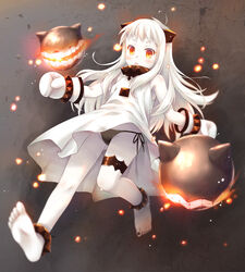  abyssal_ship ahoge barefoot black_panties colored_skin commentary_request dress female horns kantai_collection long_hair minakami_nagara mittens northern_ocean_princess open_mouth orange_eyes pale_skin panties photoshop_(medium) side-tie_panties solo underwear white_dress white_hair white_skin 