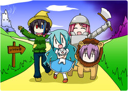  4girls all_fours animal_costume aqua_hair armor axe black_hair blue_eyes canine carrying chibi_miku closed_eyes commentary_request cosplay cowardly_lion cowardly_lion_(cosplay) crossover dorothy_gale dorothy_gale_(cosplay) dress full_armor hair_down hamo_(dog) hat hatsune_miku helmet heterochromia lion_costume long_hair minami_(colorful_palette) momone_momo multiple_girls o_o open_mouth outstretched_arms pantyhose pink_hair purple_hair red_eyes scarecrow_(twooz) scarecrow_(twooz)_(cosplay) sign spread_arms the_wizard_of_oz tin_man tin_man_(cosplay) toto_(twooz) toto_(twooz)_(cosplay) utane_uta utau vocaloid weapon yokune_ruko |_| 