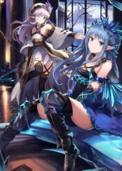  2girls bare_shoulders black_legwear blue_eyes blue_hair blunt_bangs blurry breasts castle commentary_request crystal depth_of_field detached_sleeves dress erin_(granblue_fantasy) eruthika granblue_fantasy hair_ornament highres indoors light_purple_hair lily_(granblue_fantasy) long_hair looking_at_viewer multiple_girls one_eye_closed outstretched_arm pointy_ears short_dress sidelocks sitting small_breasts smile staff standing standing_on_one_leg thighhighs thighs white_dress wide_sleeves worried 