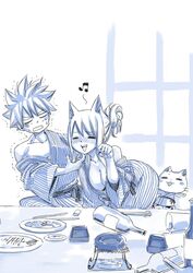  1boy =_= alcohol animal_ears bare_shoulders blue_theme blush bottle breasts cat_ears chopsticks cleavage commentary drunk fairy_tail feline female hair_up hand_on_another&#039;s_chin happy_(fairy_tail) japanese_clothes kimono large_breasts lucy_heartfilia mashima_hiro monochrome natsu_dragneel no_bra off_shoulder pale_eye sidelocks smile table trembling triangle_mouth wine_bottle yukata 