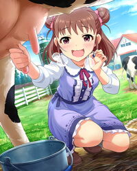  artist_request bovine brown_eyes brown_hair double_bun farm female hair_bun hair_ribbon idolmaster idolmaster_cinderella_girls jewelry munakata_atsumi necklace official_art open_mouth outdoors ribbon smile solo sparkling_eyes tree udder wavy_mouth 