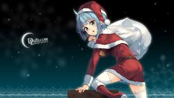  bell blue_eyes blue_hair boots christmas dlsite.com elle_sweet hat original paseri santa_costume santa_hat short_hair tagme_(character) thighhighs zettai_ryouiki 