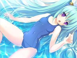  aqua_hair bell ezekiel_(osananajimi_wa_daitouryou) female game_cg long_hair one-piece_swimsuit osananajimi_wa_daitouryou paint.net_(medium) purple_eyes school_swimsuit short_twintails solo spread_legs swimsuit thighs twintails two_side_up 