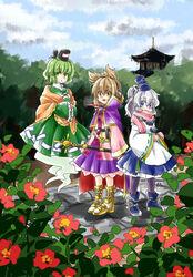  3girls :d architecture blouse blue_eyes blue_footwear blue_skirt blue_sky boots brown_hair cape cloud cloudy_sky commentary_request day dress earmuffs east_asian_architecture floating flower frilled_sleeves frills ghost_tail gimicalmas gloves green_dress green_eyes green_hair grey_hair hands_in_opposite_sleeves hat japanese_clothes kariginu md5_mismatch mittens mononobe_no_futo multiple_girls open_mouth outdoors pagoda pink_gloves pink_scarf pink_shirt pom_pom_(clothes) ponytail purple_cape purple_skirt red_flower scarf shawl shirt short_hair skirt sky sleeves_past_wrists smile soga_no_tojiko tate_eboshi touhou toyosatomimi_no_miko wide_sleeves yellow_eyes 