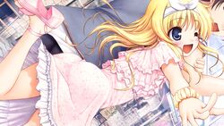  1boy ;d arm_grab bekkankou blue_eyes couple daitoshokan_no_hitsujikai dress dutch_angle female frilled_dress frills game_cg hairband kakei_kyoutarou leg_up long_hair one_eye_closed open_mouth pink_dress sandals scrunchie smile straight suzuki_kana wrist_scrunchie 