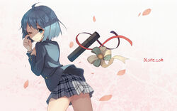  blue_eyes blue_hair bow dlsite.com elle_sweet original paseri petals ribbons seifuku short_hair tears wink 