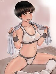  :d ayumu_(zenkou) blush brown_eyes brown_hair collarbone commentary_request dated female happy knees_apart_feet_together legs looking_at_viewer navel open_mouth original panties shirt short_hair sitting smile socks solo sports_bra spread_legs taut_clothes taut_shirt tomboy towel towel_around_neck underwear underwear_only white_panties white_sports_bra wooden_floor wristband zenkou 