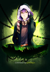  belt borrowed_character chains coat commentary commission cowboy_shot english_commentary female flat_chest fur_trim ghost gloves hair_between_eyes hood isabelle_(acerailgun) long_sleeves original photoshop_(medium) purple_hair ravee_of_titans scarf solo striped_clothes striped_scarf yellow_eyes 