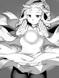  commentary_request female final_fantasy final_fantasy_tactics greyscale hood long_hair magic monochrome orb pantyhose robe robe_lift solo thigh_gap tsukudani_(coke-buta) white_mage_(fft) white_mage_(final_fantasy) 