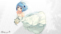  blue_eyes blue_hair blush breasts cleavage dlsite.com elle_sweet flowers necklace original paseri short_hair wedding_attire 