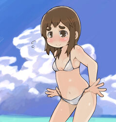  bikini bikini_top_lift blush breasts brown_eyes brown_hair cleavage clothes_lift cloud commentary_request day eyebrows female lifting_own_clothes megane_chuu mitsudomoe_(manga) navel sky small_breasts solo swimsuit water white_bikini yoshioka_yuki 