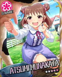  artist_request bovine brown_eyes brown_hair card_(medium) character_name double_bun farm female flower_(symbol) hair_bun hair_ribbon idolmaster idolmaster_cinderella_girls jewelry munakata_atsumi necklace official_art open_mouth ribbon smile solo sparkling_eyes tree udder wavy_mouth 