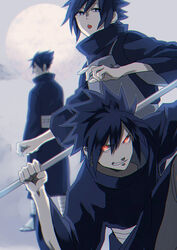  3boys a-tsuki black_hair glowing glowing_eyes grin male male_focus multiple_boys naruto naruto_shippuuden smile uchiha_izuna uchiha_madara uchiha_tajima 