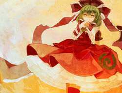  bad_id bad_pixiv_id chaba_(hortensia) dress female green_eyes green_hair hair_ribbon kagiyama_hina photoshop_(medium) red_dress ribbon smile solo touhou 