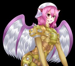  animal_ears armor banned_artist black_background breasts hat headset mystia_lorelei oohirakeisuke open_mouth pink_eyes pink_hair short_hair solo touhou wings 