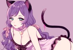  animal_ears ass breasts cat_ears cat_tail choker cleavage commentary_request eyeliner female green_eyes large_breasts lingerie lipgloss long_hair love_live! love_live!_school_idol_project makeup negligee nerunnn purple_background purple_hair purple_theme rouge_(makeup) solo tail tojo_nozomi twintails underwear 