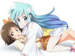  2girls aqua_hair blue_eyes blush bow brown_eyes brown_hair commentary_request dororon_enma-kun fudou_harumi hair_ornament hairbow japanese_clothes kimono long_hair lying maruki_(punchiki) multiple_girls obi open_mouth sash short_kimono skirt skull_hair_ornament smile sweatdrop yukiko_hime 