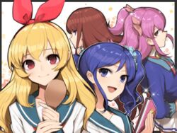  4girls :d aikatsu! aikatsu!_(series) blonde_hair blue_eyes blue_hair blush bow brown_hair commentary_request hair_ribbon hairband hairbow hitoto hoshimiya_ichigo kiriya_aoi long_hair looking_at_viewer minowa_hikari multiple_girls open_mouth paddle purple_eyes red_eyes ribbon shibuki_ran smile two_side_up 