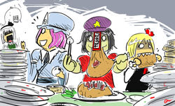  4girls baozi beret blonde_hair boned_meat chopsticks food gapangman hat jiangshi konpaku_youmu konpaku_youmu_(ghost) meat miyako_yoshika multiple_girls o_o ofuda photoshop_(medium) pink_hair plate ribbon rumia saigyouji_yuyuko sharp_teeth short_hair star_(symbol) teeth touhou 